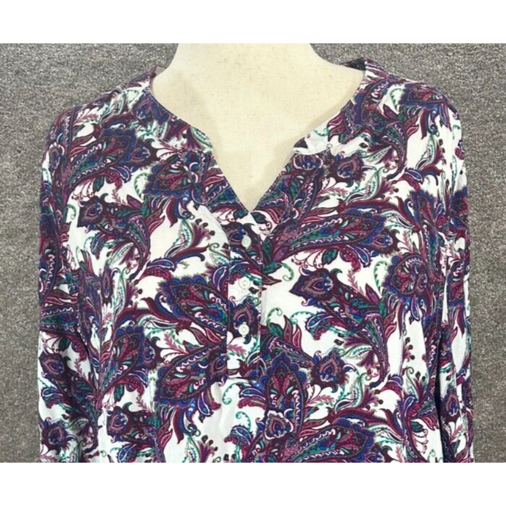 Laura Scott Top Womens 2X Purple Paisley Henley V Neck Rayon Roll Tab Blouse - Picture 1 of 9